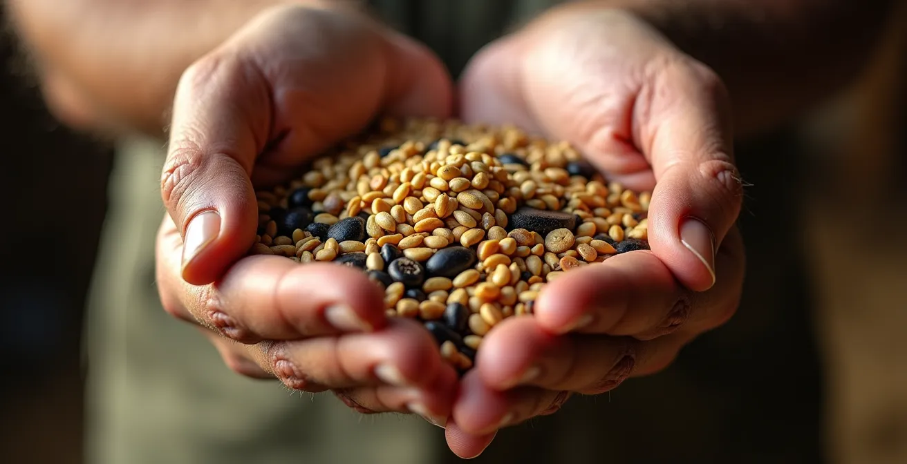 Manos de agricultor sosteniendo diferentes semillas representando la diversificación de cultivos