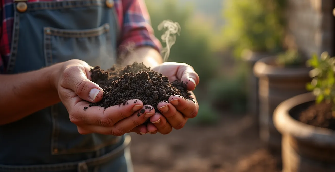 Proceso de compostaje mostrando diferentes etapas de descomposición de residuos agrícolas mediterráneos
