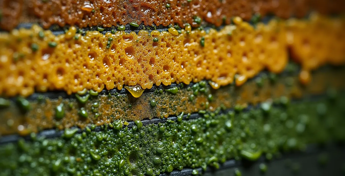 Corte transversal de un silo mostrando las capas de forraje compactado con gradiente de colores indicando zonas de fermentación