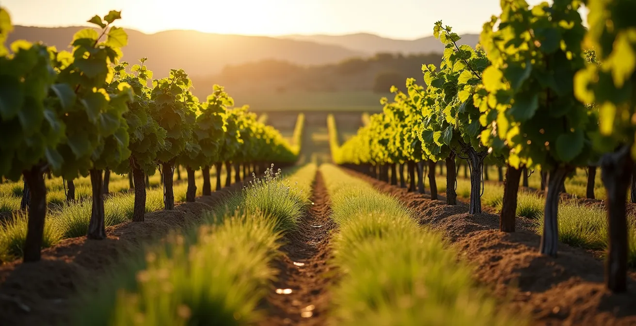 Viñedo español con gestión de cubiertas vegetales alternando gramíneas y leguminosas entre las hileras de vides