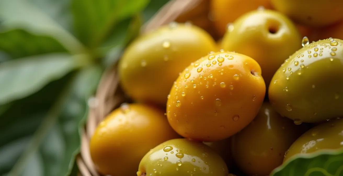 Primer plano de manos sosteniendo productos agrícolas frescos con etiquetas de sostenibilidad