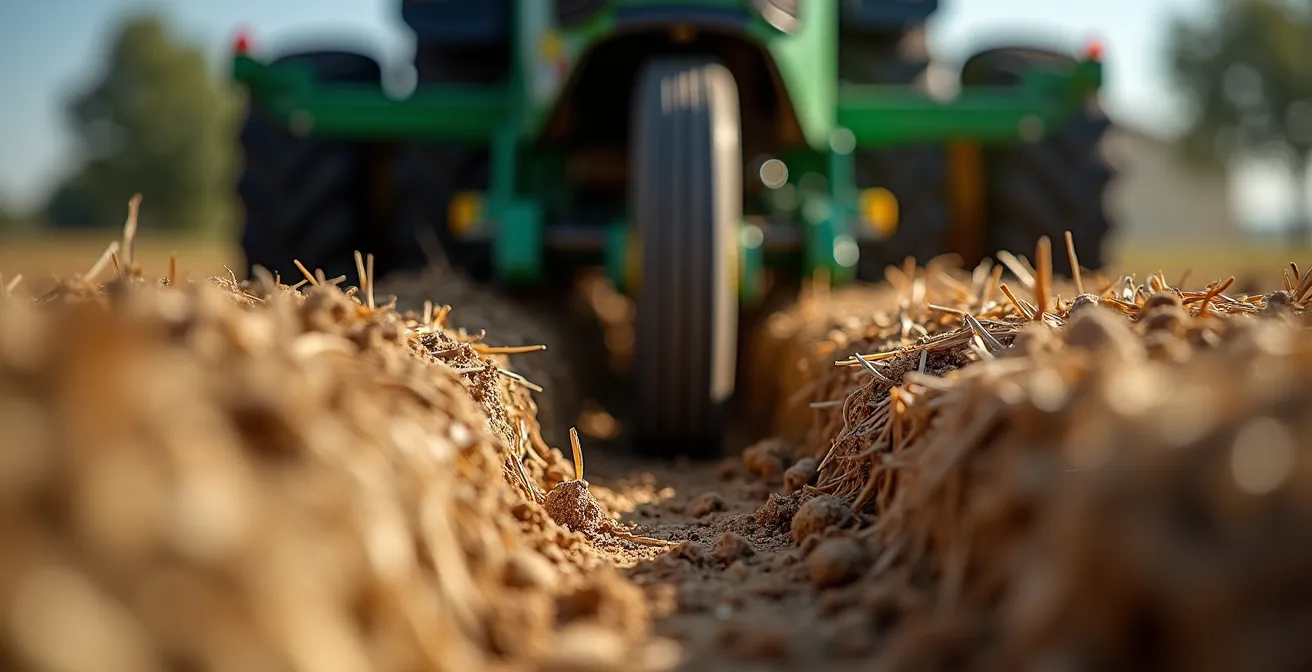 Sembradora de discos trabajando en campo de cereales con rastrojo en España