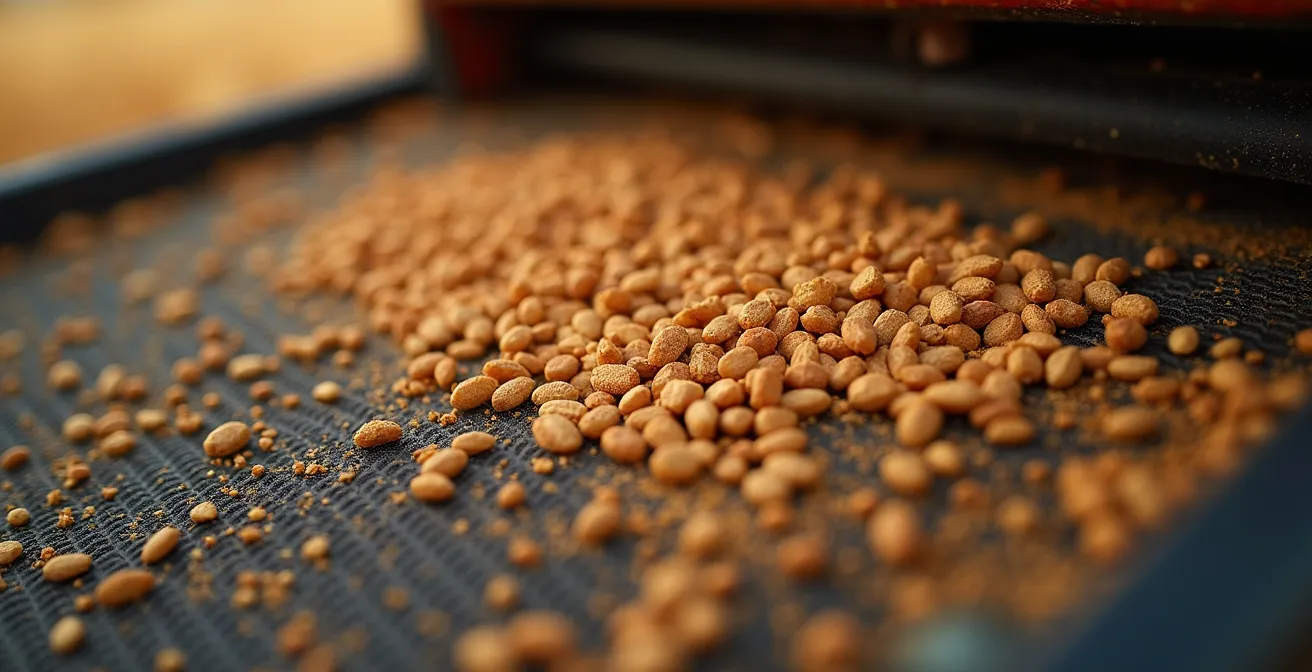 Primer plano macro de sensores de pérdida de grano en la parte trasera de una cosechadora con granos visibles