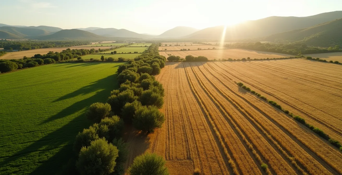 Vista aérea mostrando la integración de cubiertas vegetales, pastoreo rotacional y siembra directa en una misma finca