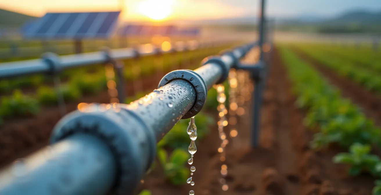 Sistema de bombeo solar con paneles fotovoltaicos elevados sobre cultivos de regadío