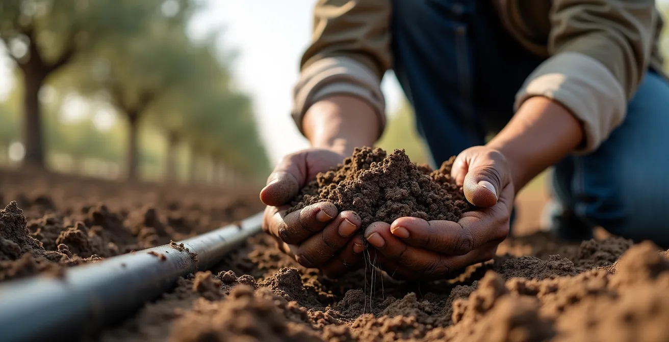 Vista transversal de sistema de riego por goteo subterráneo instalado bajo cultivos