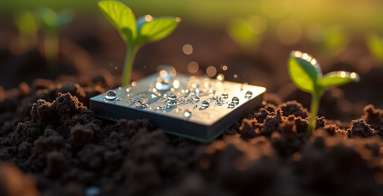 Vista macro de sensor de humedad del suelo con gotas de rocío y circuitos visibles