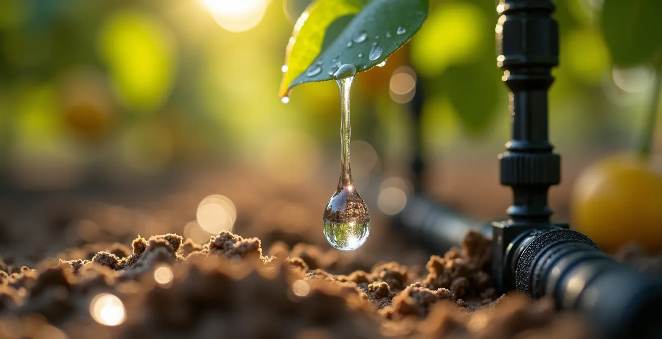 Sistema de riego por goteo en cultivo mediterráneo mostrando eficiencia hídrica