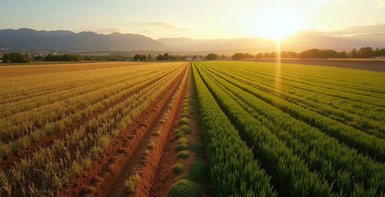 Vista contrastante de dos campos agrícolas: uno con un cultivo verde y sano gracias a una aplicación optimizada, y otro con un aspecto pobre y suelo degradado por la sobre-aplicación.
