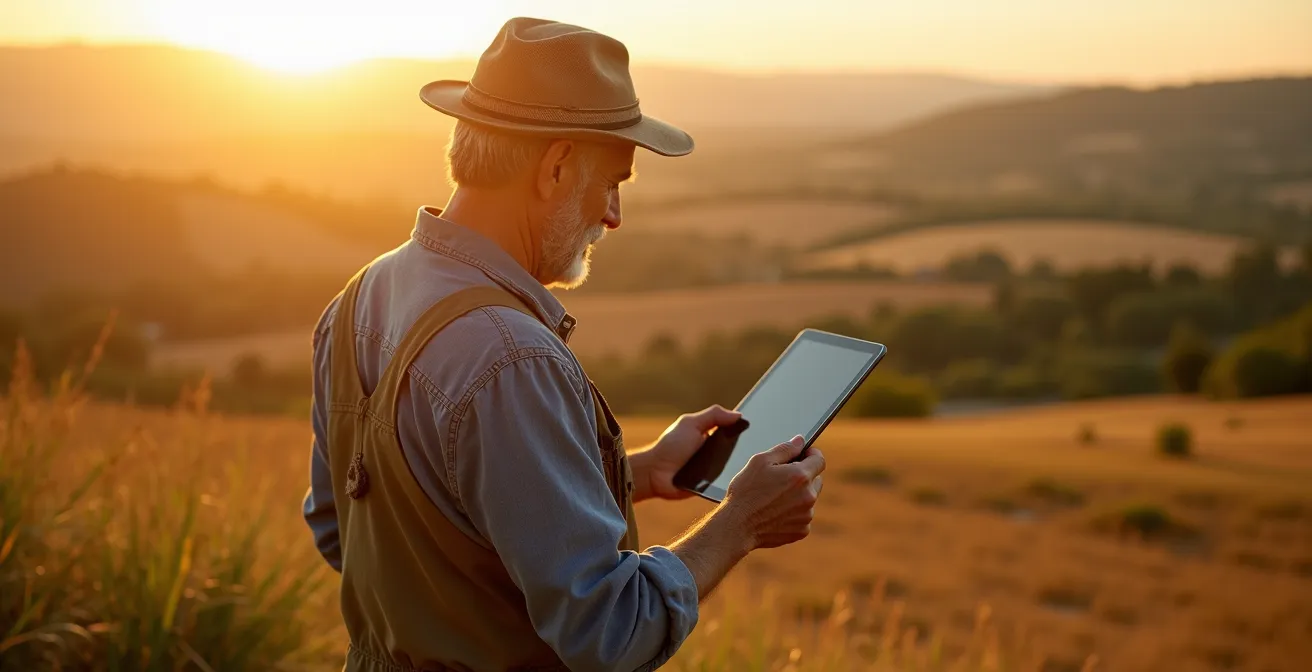 Agricultor usando tablet en el campo con vista de parcelas al fondo, mostrando la digitalización de la gestión agrícola
