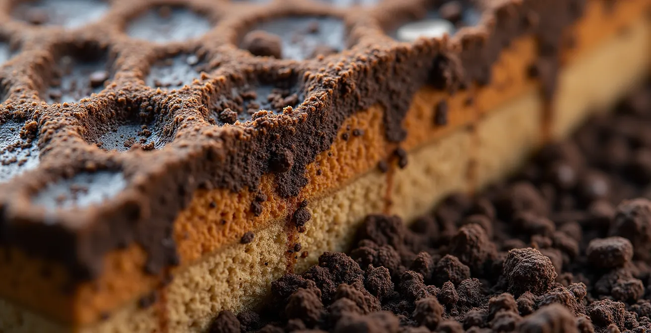 Corte transversal del suelo mostrando estructura esponjosa con materia orgánica que retiene el agua