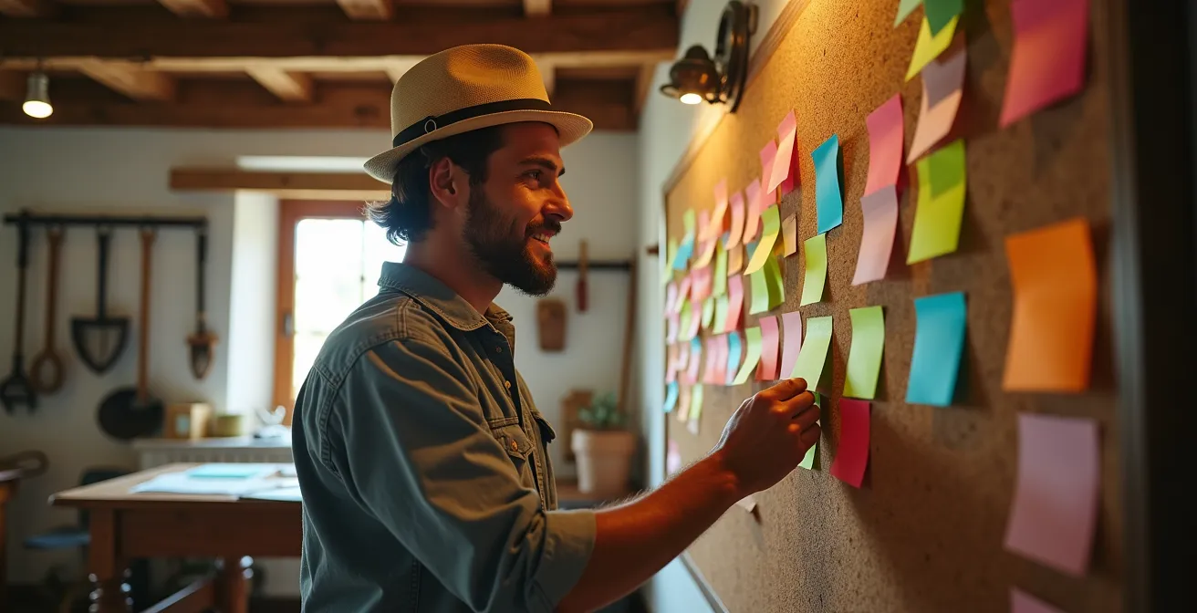 Agricultor organizando tareas en tablero visual con notas adhesivas de colores