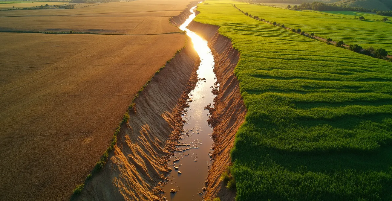 Vista aérea de campos españoles mostrando técnicas de conservación del suelo con cubiertas vegetales y terrazas