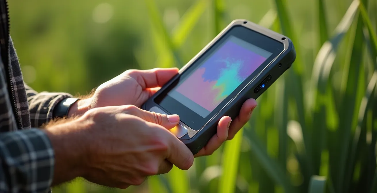 Manos de ganadero sosteniendo dispositivo NIRS analizando muestra de forraje verde con pantalla mostrando gráficos sin texto