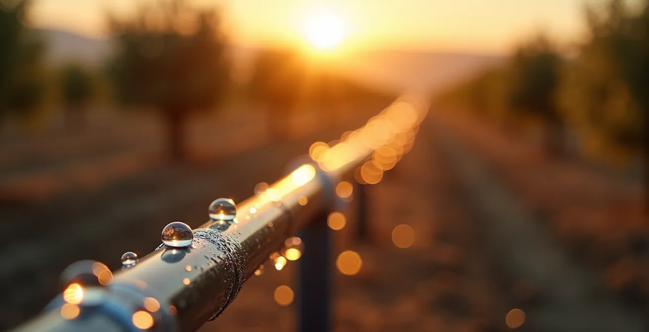 Sistema de riego de precisión con sensores en campo agrícola español bajo luz dorada del atardecer