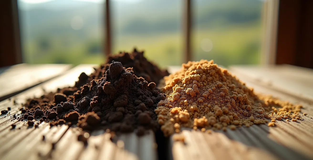 Comparación visual de dos muestras de suelo mostrando diferencias en estructura, color y agregados