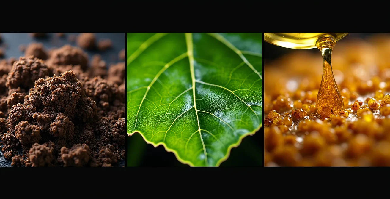 Composición de tres imágenes macro mostrando la textura de tierra fértil, las venas de una hoja verde y gotas de savia extraídas de un tallo.