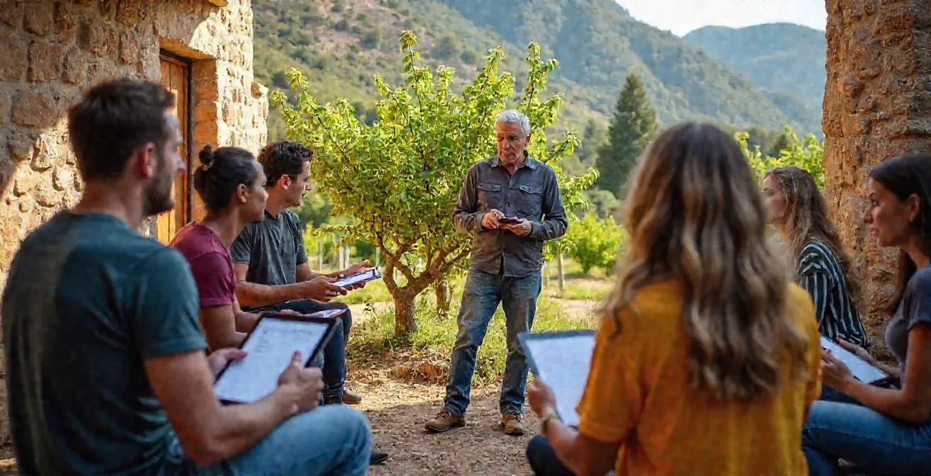 Grupo diverso de trabajadores agrícolas participando en una sesión de formación al aire libre en una finca española