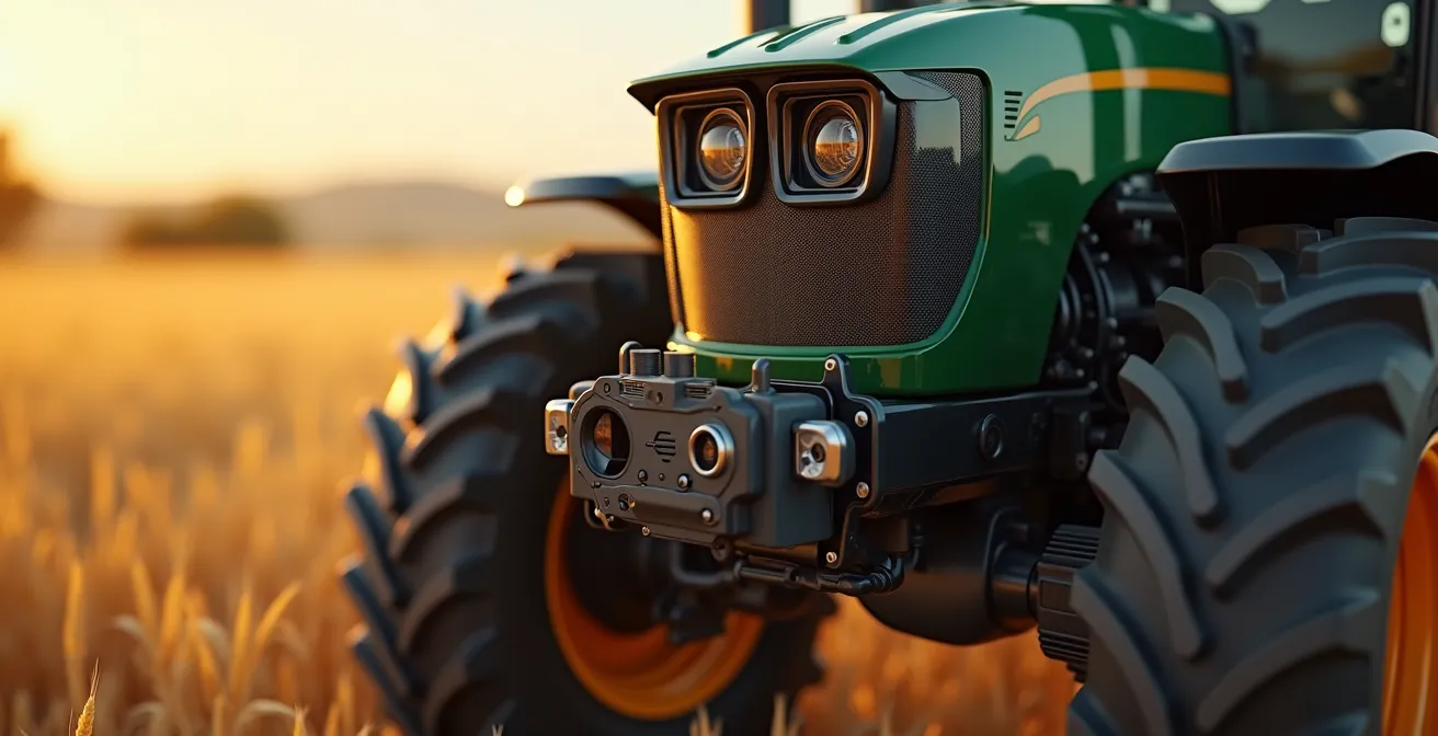 Detalle de sensores y cámaras en un tractor autónomo moderno trabajando en campo español