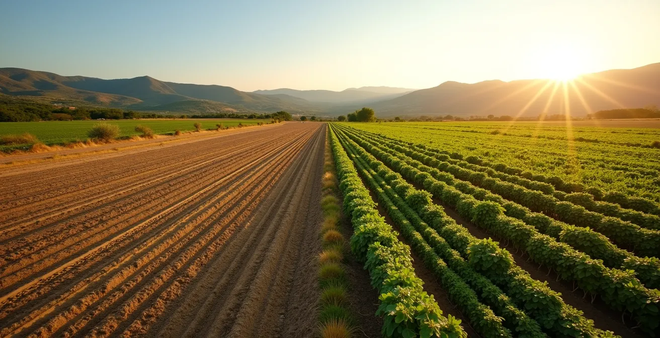 Vista panorámica de campo dividido mostrando transición entre agricultura convencional y regenerativa
