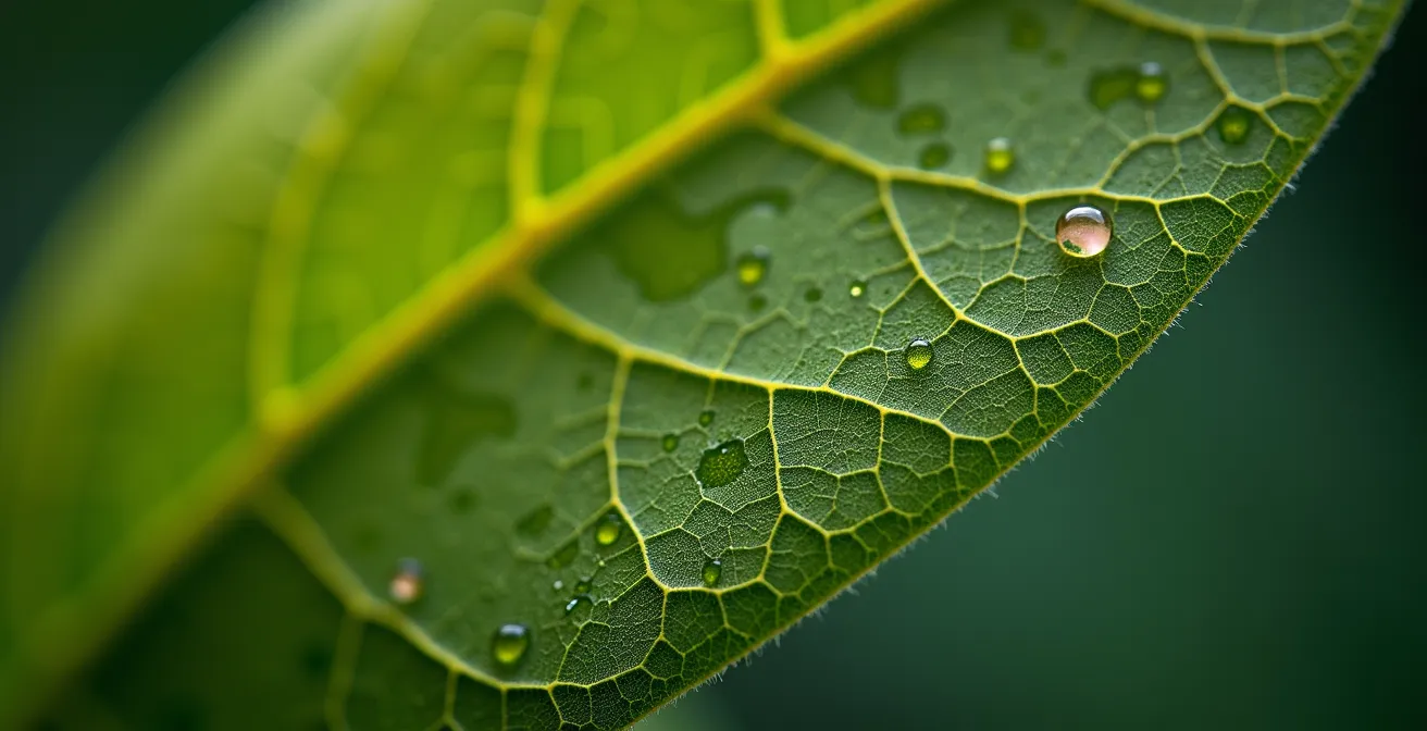 Primer plano macro de una hoja de olivo con sutiles signos de daño por plaga, ilustrando el momento crítico de decisión entre daño estético y económico.