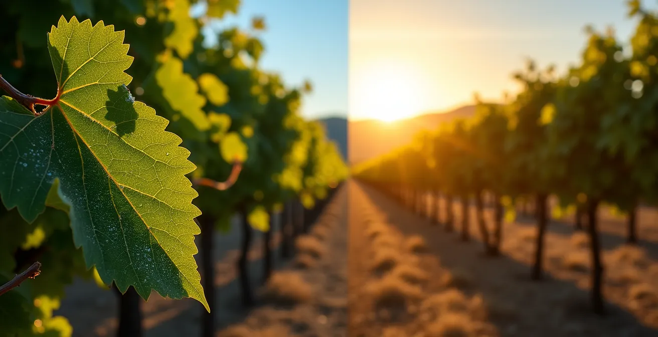 Comparación visual del mismo campo de viñedo español al amanecer con rocío y al mediodía bajo sol intenso