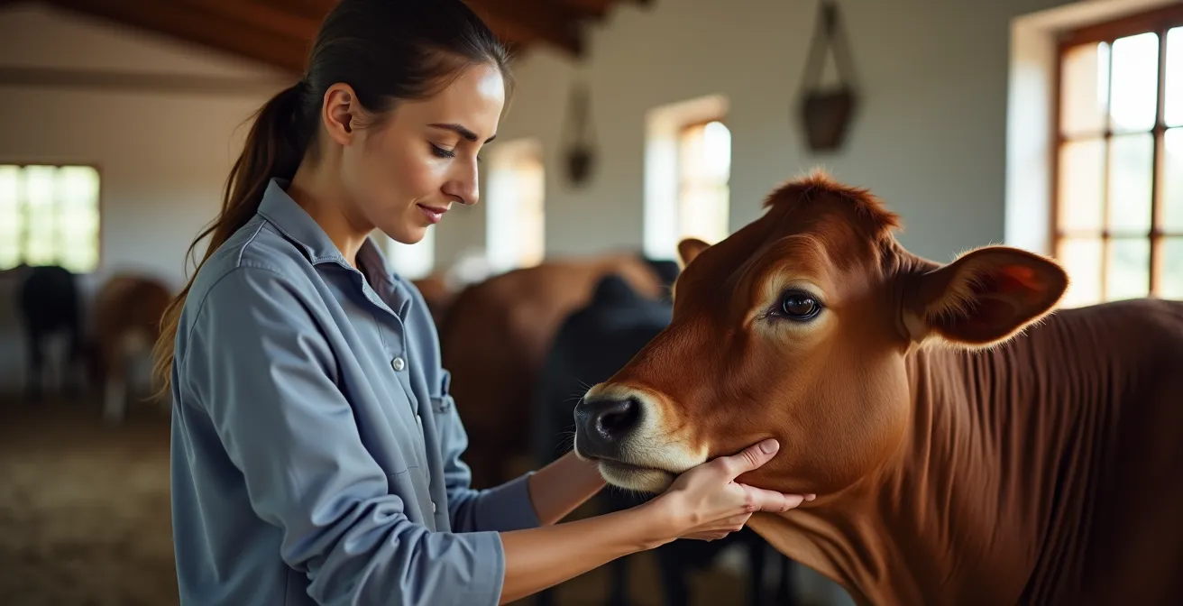 Veterinario examinando ganado bovino en granja española