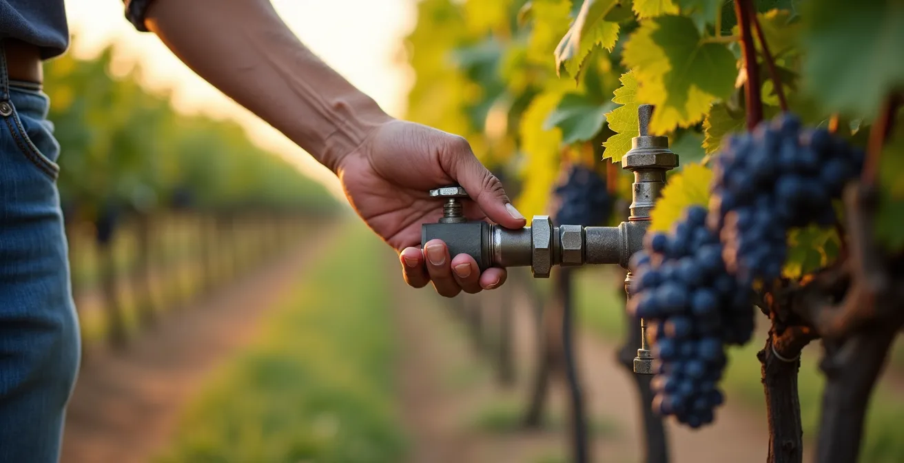 Viñedo en La Mancha mostrando sistema de riego por goteo durante fase de envero