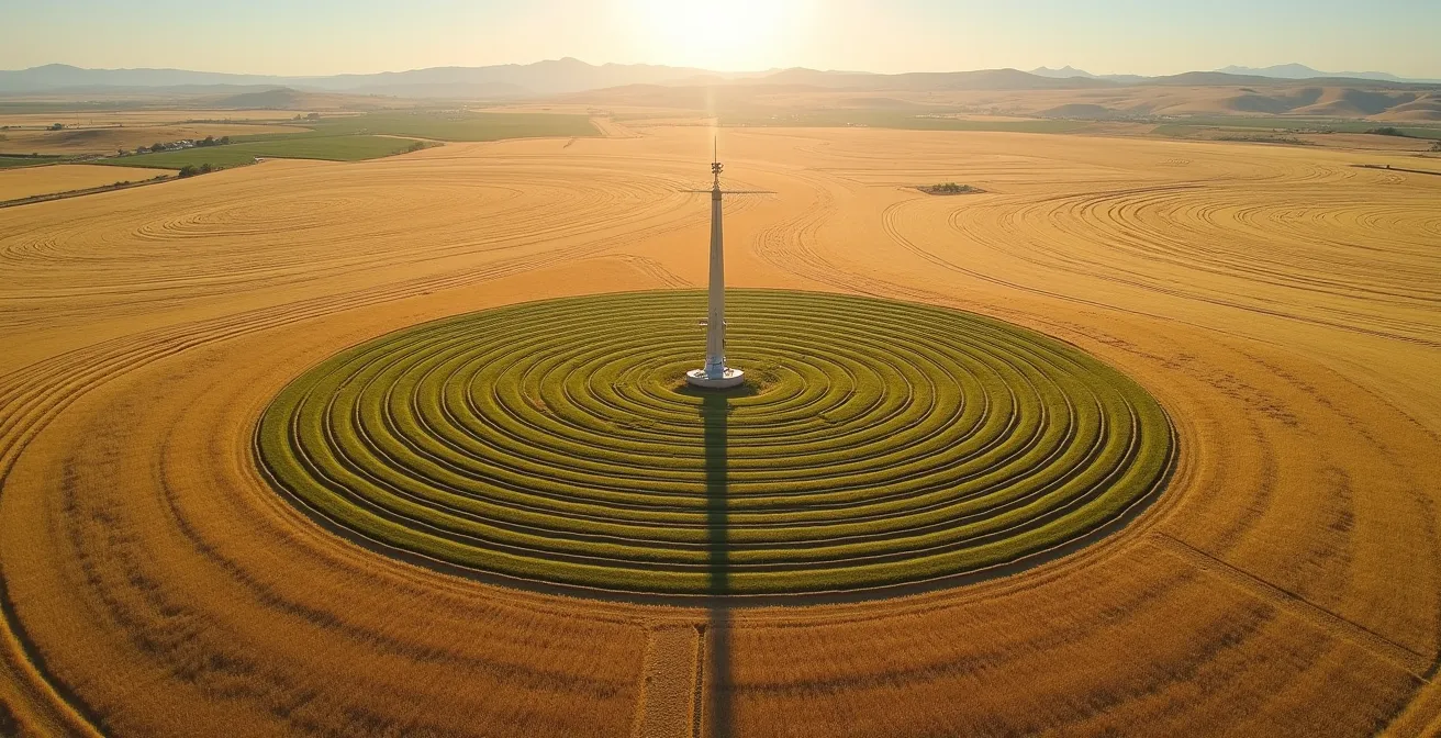 Vista aérea minimalista de un sistema de riego por pívot en un campo de cereales español con patrones circulares perfectos