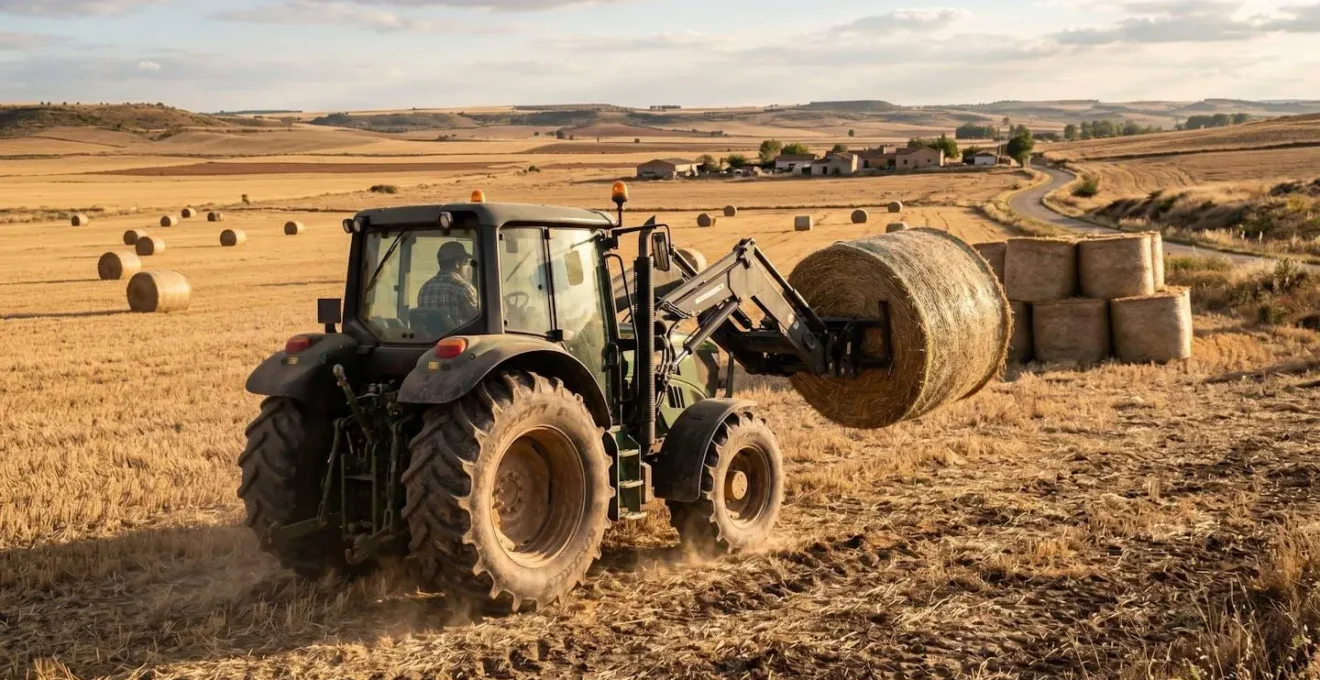 Agricultor operando equipo de carga móvil hidráulico acoplado a tractor para transportar pacas cilíndricas en campo de cereal recién cosechado en Castilla