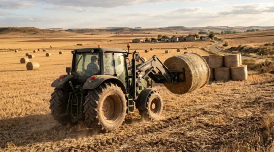 Agricultor operando equipo de carga móvil hidráulico acoplado a tractor para transportar pacas cilíndricas en campo de cereal recién cosechado en Castilla