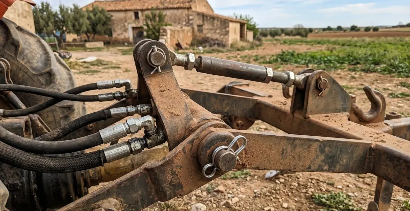 Sistema de enganche de tres puntos entre tractor y accesorio agrícola mostrando conexiones hidráulicas y mecanismo de acoplamiento metálico Sistema de enganche de tres puntos entre tractor y accesorio agrícola mostrando conexiones hidráulicas y mecanismo de acoplamiento metálico